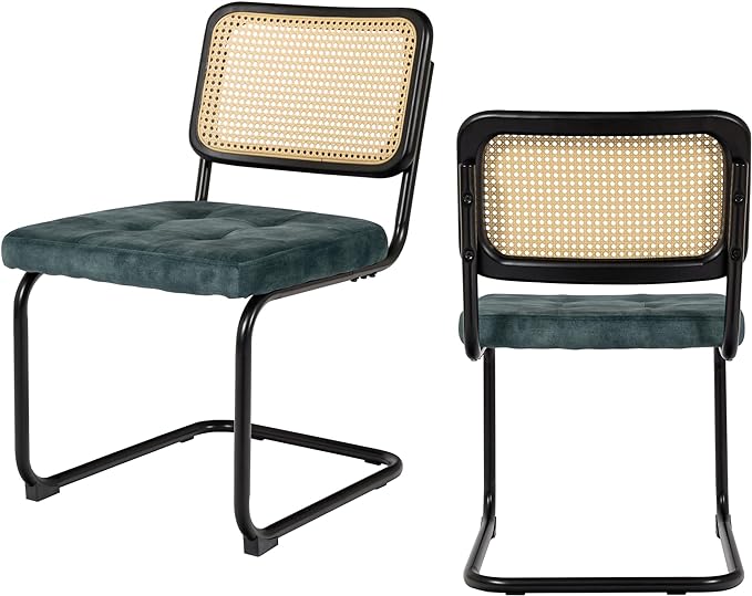 Mid Century Modern Dining Chairs Set of 2, Rattan Cantilever Kitchen Chairs, Dining Room Chairs Blue Upholstered, Solid Wood Cane Back, Black Stainless Chrome Base Heavy Duty - LeafyLoom