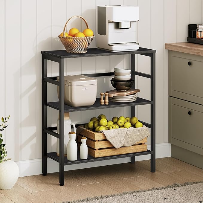 HOOBRO 3 Tier Bookshelf, Industrial Bookcase, Record Storage Rack with Side Fence, Wood Storage Shelf with Metal Frame, Rustic Open Display Shelf for Living Room, Bedroom, Black BB86CJ01 - LeafyLoom