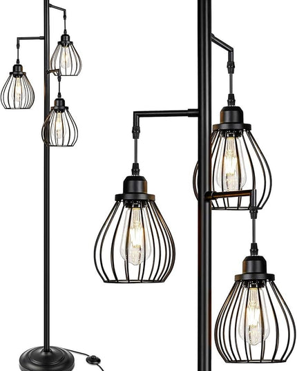 Lakumu Industrial Tree Floor Lamp for Living Room, with 3 Elegant Teardrop Cage Heads & ST58 Edison LED Bulbs, Sturdy Base Tall Vintage Pole Light Great for Farmhouse Rustic Bedroom Office - LeafyLoom