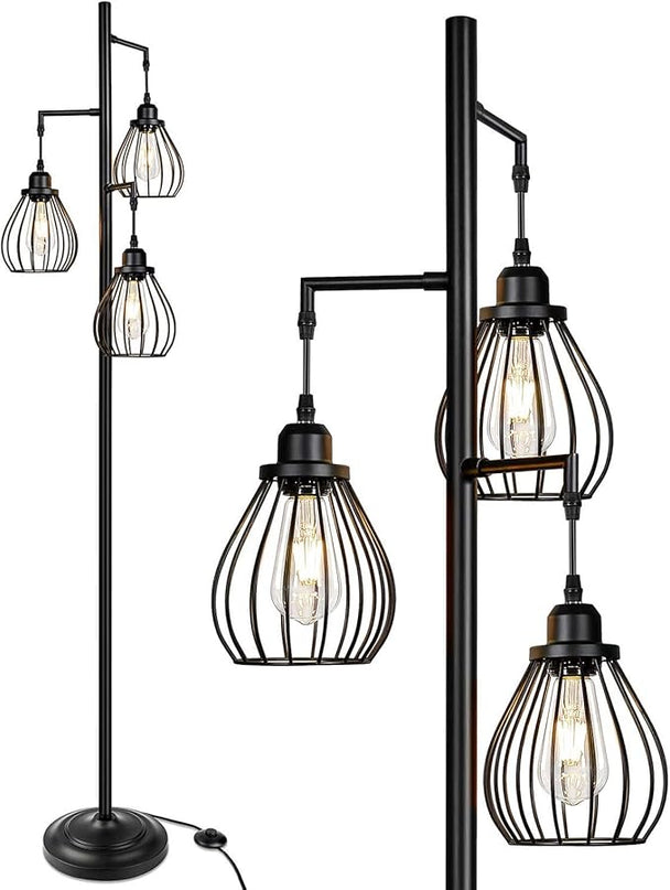 Lakumu Industrial Tree Floor Lamp for Living Room, with 3 Elegant Teardrop Cage Heads & ST58 Edison LED Bulbs, Sturdy Base Tall Vintage Pole Light Great for Farmhouse Rustic Bedroom Office - LeafyLoom