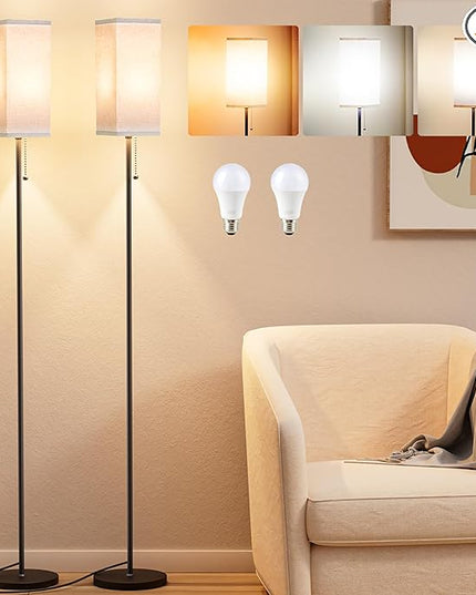Tall Floor Lamp Set of 2 with Linen Shade - 3 Color Temperature, Black, LED Bulbs, Pull Chain Switch, Easy Assembly(2 Pack) - LeafyLoom
