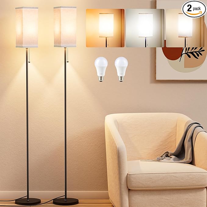 Tall Floor Lamp Set of 2 with Linen Shade - 3 Color Temperature, Black, LED Bulbs, Pull Chain Switch, Easy Assembly(2 Pack) - LeafyLoom