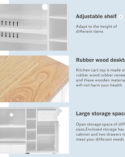 Kitchen Island with Storage on Wheels,Kitchen Island Cart w/Wine Storage Rack and 2 Drawers, Solid Wood Desktop Buffet Server Sideboard for Dining Room, Coffee Bar - LeafyLoom