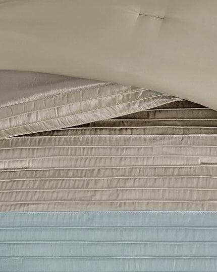 Madison Park Amherst Faux Silk Comforter Set-Casual Contemporary Design All Season Down Alternative Bedding, Matching Shams, Bedskirt, Decorative Pillows, King(104"x92"), Blue, 7 Piece (MP10-043) - LeafyLoom