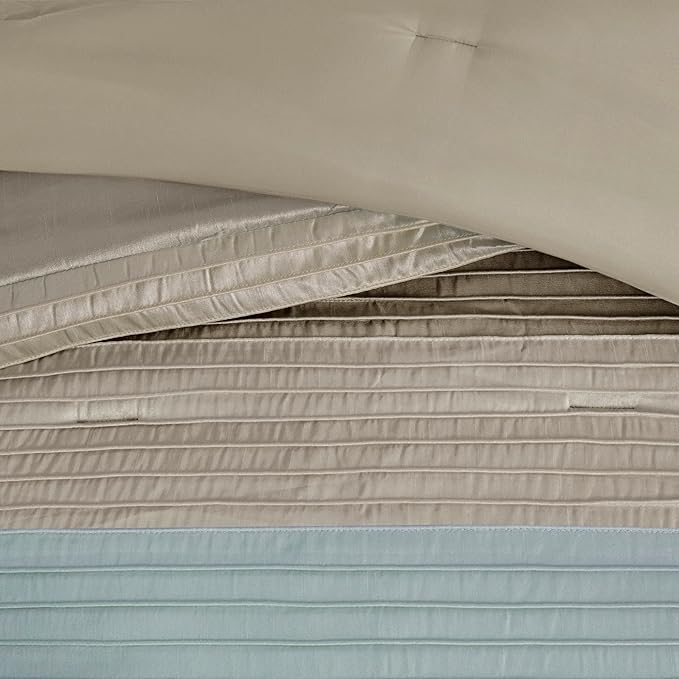 Madison Park Amherst Faux Silk Comforter Set-Casual Contemporary Design All Season Down Alternative Bedding, Matching Shams, Bedskirt, Decorative Pillows, King(104"x92"), Blue, 7 Piece (MP10-043) - LeafyLoom