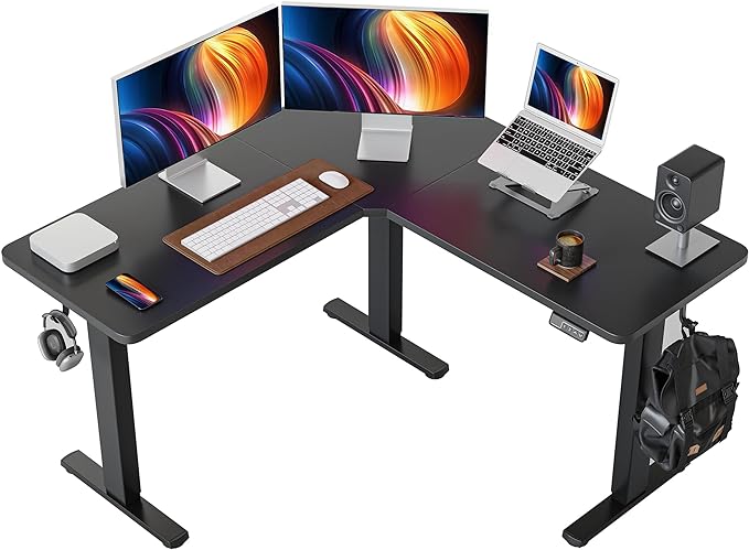 FEZIBO L Shaped Standing Desk, Electric Stand up Height Adjustable Home Office Table, Sit Stand Desk, Black Top - LeafyLoom