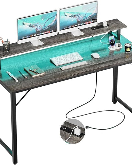 55 inch Computer Desk with Power Outlets, Office Desk Gaming desk with LED Lights, Home Office Desk with Monitor Shelf, Modern Work Desk Study Writing Table for Bedroom, Black Oak - LeafyLoom