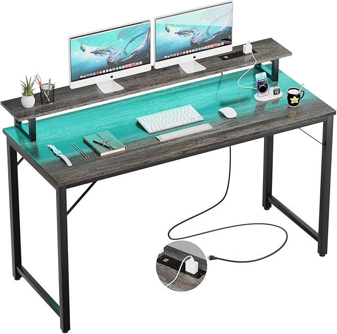 55 inch Computer Desk with Power Outlets, Office Desk Gaming desk with LED Lights, Home Office Desk with Monitor Shelf, Modern Work Desk Study Writing Table for Bedroom, Black Oak - LeafyLoom
