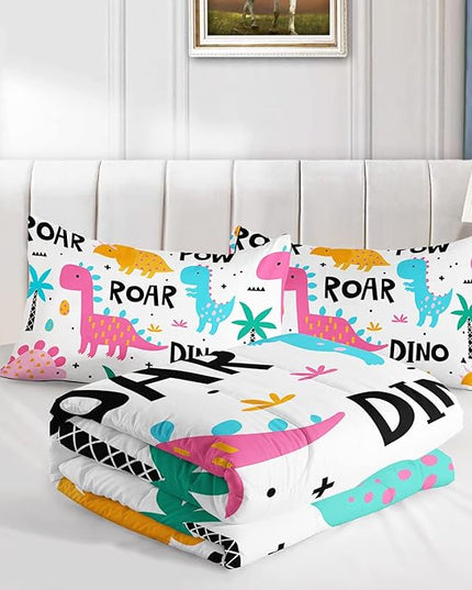 Axolotl Girls Bedding Cartoon Dinosaur Comforter Set Queen Size,Cute Dinosaur Bedding Set for Girls Teens Kids Boys Adults Room Decor,Kids Comforter Set All Season,1 Quilt 2 Pillow Cases,White - LeafyLoom