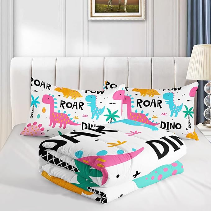 Axolotl Girls Bedding Cartoon Dinosaur Comforter Set Queen Size,Cute Dinosaur Bedding Set for Girls Teens Kids Boys Adults Room Decor,Kids Comforter Set All Season,1 Quilt 2 Pillow Cases,White - LeafyLoom