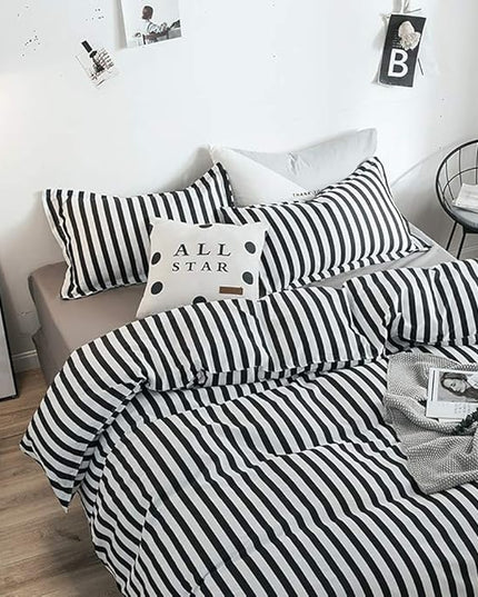 White&Black Stripes Comforter Set Full Women Bedding Set Soft Durable White Striated Bedding Set Black Stripes Ticking Quilts Hotel Quality Comforter Set Girls boy White Black Stripes Bed Set - LeafyLoom