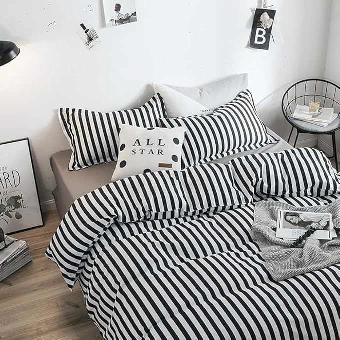 White and Black Stripes Comforter Set Twin Women Bedding Set Soft Durable White Striated Bedding Set Black Stripes Ticking Quilts Hotel Quality Comforter Set Girls White Black Stripes Bed Set - LeafyLoom