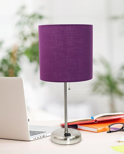 Simple Designs LT1144-PRP Sleek and Slender Brushed Steel Table Lamp with Charging Outlet, for Bedroom, Living Room, Entryway, Office, Dining Room, Study, Purple Shade - LeafyLoom