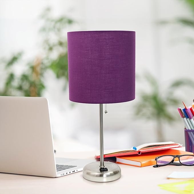 Simple Designs LT1144-PRP Sleek and Slender Brushed Steel Table Lamp with Charging Outlet, for Bedroom, Living Room, Entryway, Office, Dining Room, Study, Purple Shade - LeafyLoom