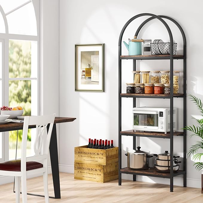Tribesigns 4-Tier Open Bookshelf, 70.8" Industrial Arched Bookcase Storage Shelves with Metal Frame, Freestanding Display Rack Tall Shelving Unit for Office, Bedroom (Rustic Brown, 1PC) - LeafyLoom