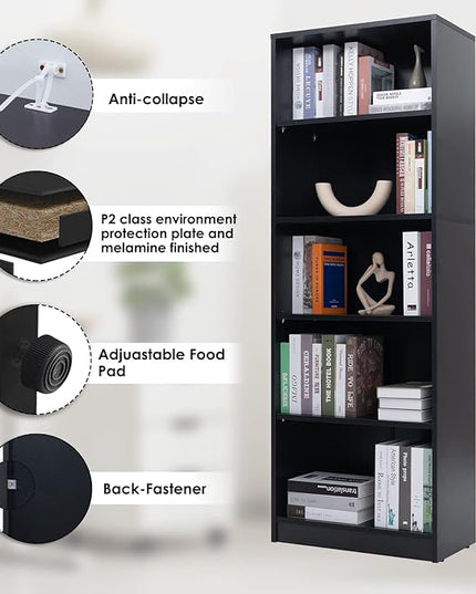 Sunon 5 Shelf Wood Bookcase Freestanding Display Shelf Adjustable Layers Bookshelf for Home Office Library Small Narrow Space (Black, 5-Layers) - LeafyLoom