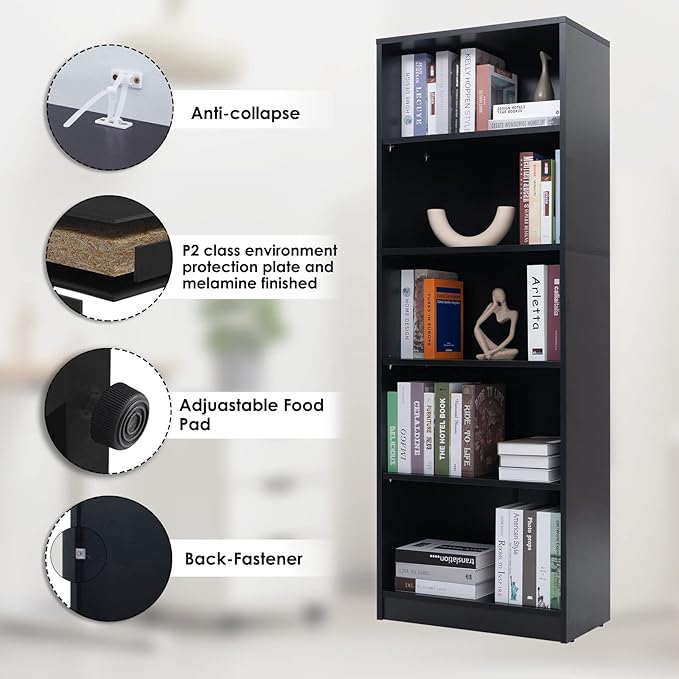Sunon 5 Shelf Wood Bookcase Freestanding Display Shelf Adjustable Layers Bookshelf for Home Office Library Small Narrow Space (Black, 5-Layers) - LeafyLoom