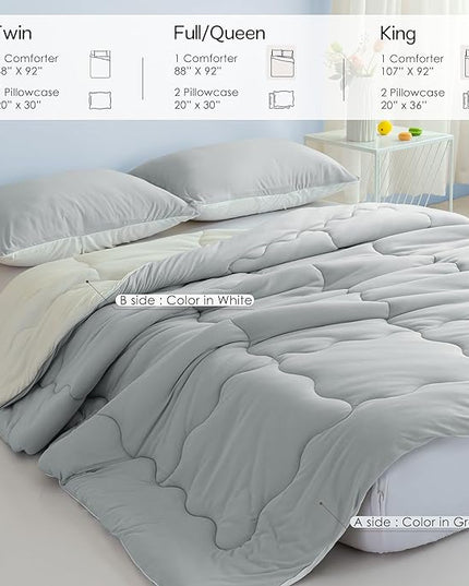 COTTEBED Ultra-Soft Reversible Comforter Set Twin Sized, Jersey Knit T-Shirt Feel Lightweight Cozy Bedding Blanket Quilt for Boy Kids Girl School College Dorm All Season(Twin/TwinXL Light Grey White) - LeafyLoom