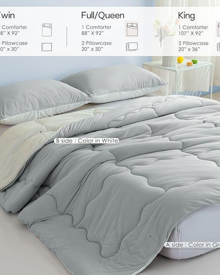 COTTEBED Reversible Comforter Sets KING Size Bed, Jersey Knit T-Shirt Feel Bedding Down Comforters Quilt & Pillowcase -Super Soft Cozy Lightweight All Season (Light Grey and White California Cal/King) - LeafyLoom