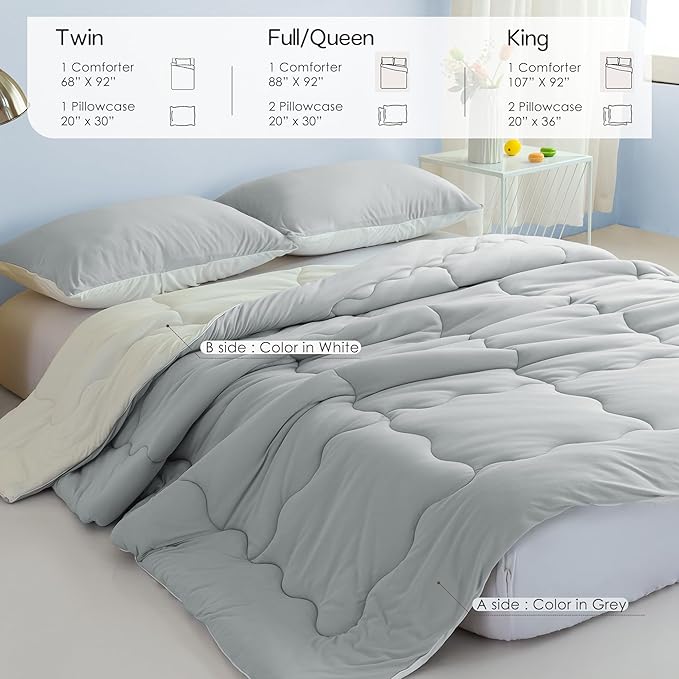 COTTEBED Reversible Comforter Sets KING Size Bed, Jersey Knit T-Shirt Feel Bedding Down Comforters Quilt & Pillowcase -Super Soft Cozy Lightweight All Season (Light Grey and White California Cal/King) - LeafyLoom