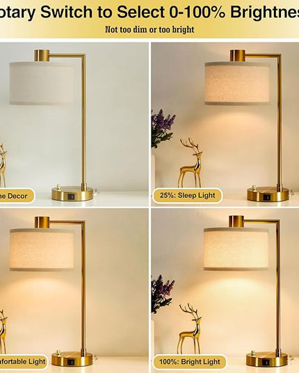 Luvkczc Table Lamp for Bedroom Set of 2 with USB C+A Ports, Fully Stepless Dimmable Bedside Lamp with Linen Lampshade, Nightstand Lamp for Living Room Reading Office, 2 LED Bulbs Included (Gold) - LeafyLoom