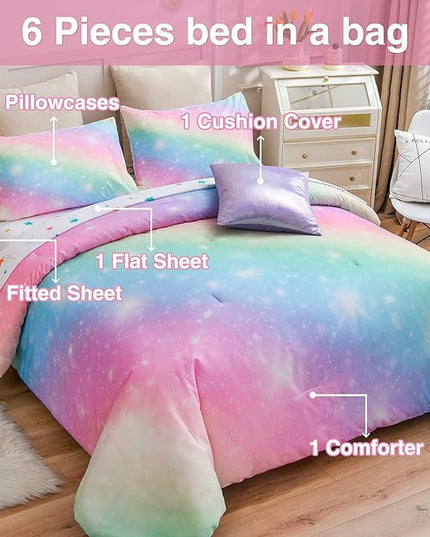 A Nice Night 6Pcs Gradient Glitter Bedding Set for Girls Twin Size, Colorful Rainbow Galaxy Comforter Set, Ultra Soft Bedding Sets, Pink - LeafyLoom