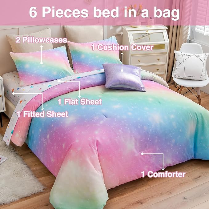 A Nice Night 6Pcs Gradient Glitter Bedding Set for Girls, Colorful Rainbow Galaxy Comforter Set, Ultra Soft Bedding Sets (Pink,Queen 6Pcs) - LeafyLoom