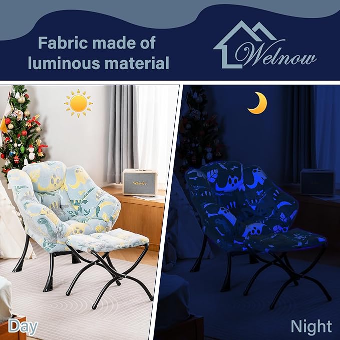 Welnow Toddler Kids Lazy Chair with Ottoman, Glow in The Dark Accent Comfy Lounge Children Armchair Couch with Removable Cover, Detachable Reading Chair with Footrest for Boy or Girl - LeafyLoom