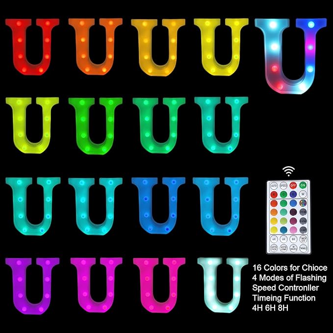 Letter LED Lights, 16 Colors Changing LED Marquee Letter Lights, Dimmable Night Lights for Wedding, Birthday, Holiday, Party, Bar, Christmas Decoration,Dorm Room Decor Multicolor U - LeafyLoom