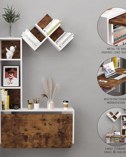 Folding Wall Mounted Drop Leaf Table, Foldable Desk with Moveable Cabinets, Floating Laptop with Convertible Storage Shelves, Multifunctional Computer Workstation in Home for Space Saving - LeafyLoom