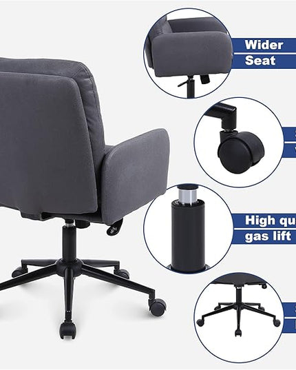 Adjustable Home Office Chair, Modern Mid Back Computer Desk Chair with Wheels, Ergonomic Upholstered Swivel Chair, Grey - LeafyLoom