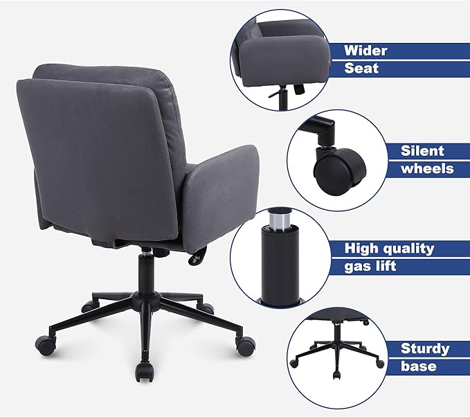 Adjustable Home Office Chair Set of 2, Modern Mid Back Computer Desk Chair with Wheels, Ergonomic Upholstered Swivel Chair, Grey - LeafyLoom