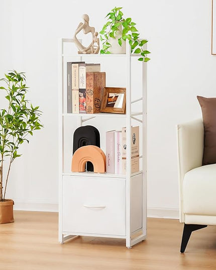 Yoobure Bookshelf, 4 Tier Book Shelf with Drawer, Small Bookcase Narrow Book Case, Industrial Bookshelves Shelf for Bedroom Living Room Office, Book Storage Organizer for CD/Movie White - LeafyLoom