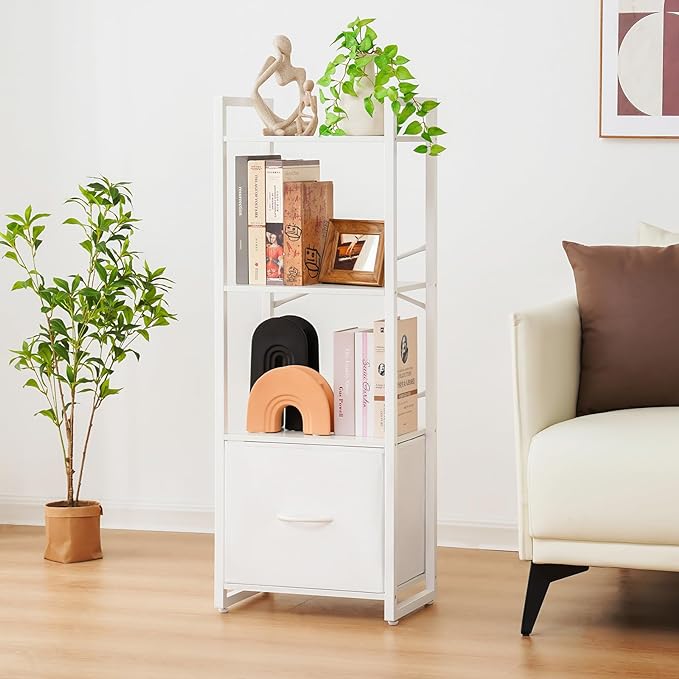 Yoobure Bookshelf, 4 Tier Book Shelf with Drawer, Small Bookcase Narrow Book Case, Industrial Bookshelves Shelf for Bedroom Living Room Office, Book Storage Organizer for CD/Movie White - LeafyLoom