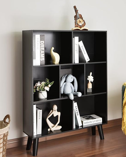 YAHARBO Black Bookshelf,3 Tier Modern Bookcase with Legs,Bookshelves Wood Storage Shelf, Open Book Shelves Cube Organizer,Freestanding Short Bookcases - LeafyLoom