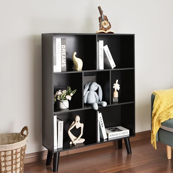 YAHARBO Black Bookshelf,3 Tier Modern Bookcase with Legs,Bookshelves Wood Storage Shelf, Open Book Shelves Cube Organizer,Freestanding Short Bookcases - LeafyLoom