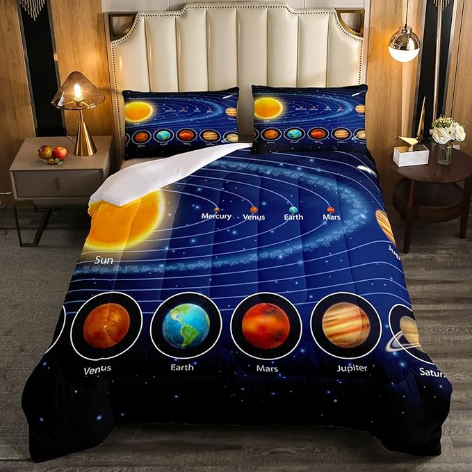 Solar System Comforter Set Full Galaxy Bedding Set Outer Space Down Comforter Kids Boys Girls Starry Sky Universe Planets Duvet Set Room Decor Super Soft Astronomy Quilt Duvet Insert, Blue - LeafyLoom