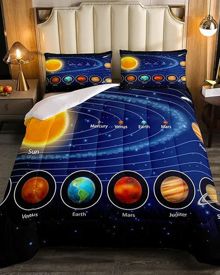 Solar System Comforter Set Queen Galaxy Bedding Set Outer Space Down Comforter Kids Boys Girls Starry Sky Universe Planets Duvet Set Room Decor Super Soft Astronomy Quilt Duvet Insert, Blue - LeafyLoom