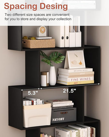 Yusong Bookshelf 5-Tier, Geometric Bookcase S Shaped Book Shelves for Bedroom, Modern Wood Decorative Display Shelf Book Case for Home Office, Black - LeafyLoom