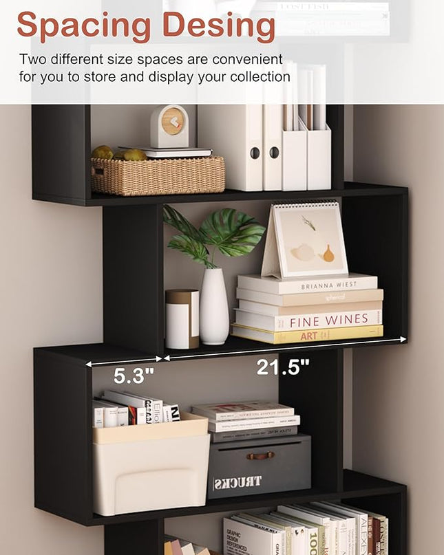 Yusong Bookshelf 5-Tier, Geometric Bookcase S Shaped Book Shelves for Bedroom, Modern Wood Decorative Display Shelf Book Case for Home Office, Black - LeafyLoom