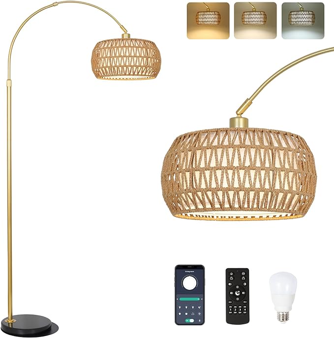 Gold Floor Lamps for Living Room, Arc Floor Lamp with Remote & Dimmable Bulb, Boho Rattan Standing lamp with 3 Color Temperatures, Height Adjustable Tall Lamp for Bedroom, Over Couch Reading Lamp - LeafyLoom