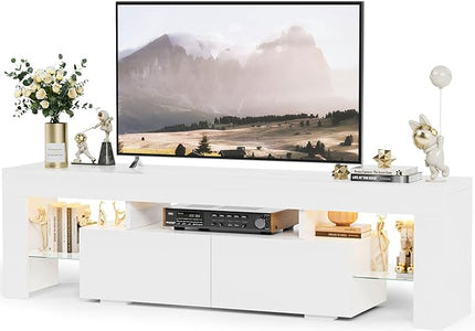 YESHOMY Modern LED TV Stand for Televisions up to 70 Inch with Glass Shelves and Drawer, Gaming Entertainment Center with Multiple Dynamic RGB Modes, for Livingroom, Bedroom, 60 Inch, White - LeafyLoom