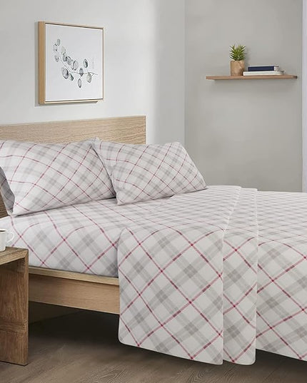 Comfort Spaces Cotton Flannel Breathable Warm Deep Pocket Sheets with Pillow Case Bedding, Queen, Grey/Red Plaid 4 Piece - LeafyLoom