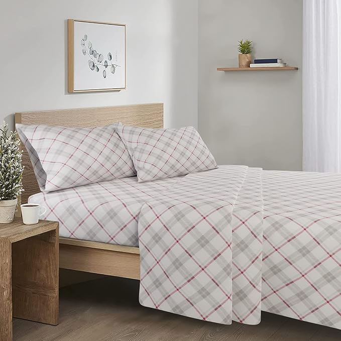 Comfort Spaces Cotton Flannel Breathable Warm Deep Pocket Sheets with Pillow Case Bedding, Queen, Grey/Red Plaid 4 Piece - LeafyLoom