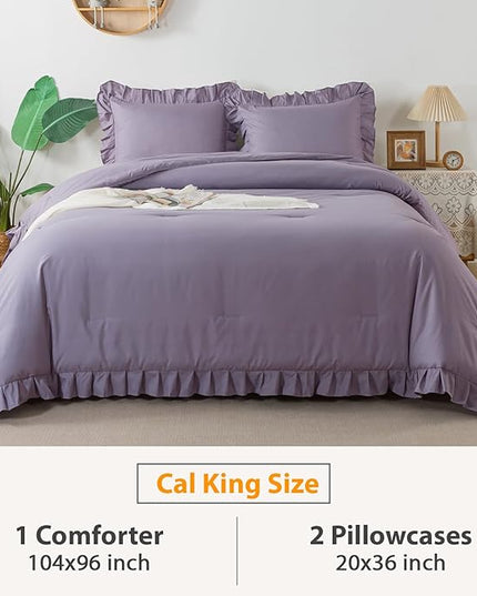 Andency California King Comforter Sets Grayish Purple (104x96Inch), 3 Pieces Cal King Ruffle Comforter, Oversized Farmhouse Shabby Chic Bed Comforter, Lightweight Soft Microfiber Bedding Set - LeafyLoom
