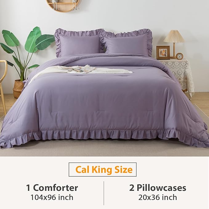 Andency California King Comforter Sets Grayish Purple (104x96Inch), 3 Pieces Cal King Ruffle Comforter, Oversized Farmhouse Shabby Chic Bed Comforter, Lightweight Soft Microfiber Bedding Set - LeafyLoom