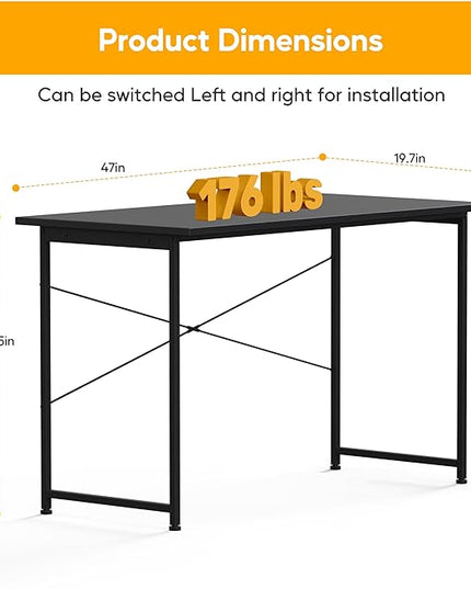 HealSmart Home Office Computer Desk, Modern Style Design with Headphone Hooks for Working, Writing and Gaming, 32 Inch, 47 Inches, Black - LeafyLoom