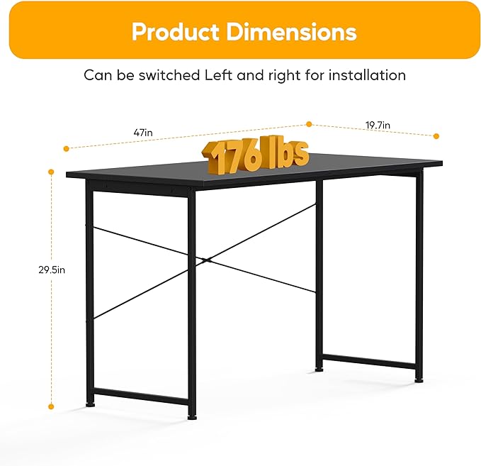 HealSmart Home Office Computer Desk, Modern Style Design with Headphone Hooks for Working, Writing and Gaming, 32 Inch, 47 Inches, Black - LeafyLoom