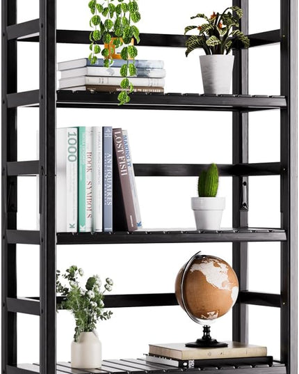 Bamboo Bookshelf, 6-Tier Tall Open Bookcase with Adjustable Shelves, Floor Standing Storage Shelf Unit for Living Room Bathroom Home Office, Black - LeafyLoom