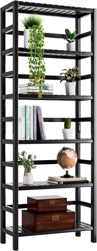 Bamboo Bookshelf, 6-Tier Tall Open Bookcase with Adjustable Shelves, Floor Standing Storage Shelf Unit for Living Room Bathroom Home Office, Black - LeafyLoom